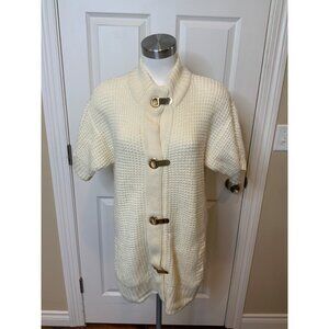 Michael Kors Long Cream Cable Knit Cardigan W/ Gold Toggles, Size Medium
